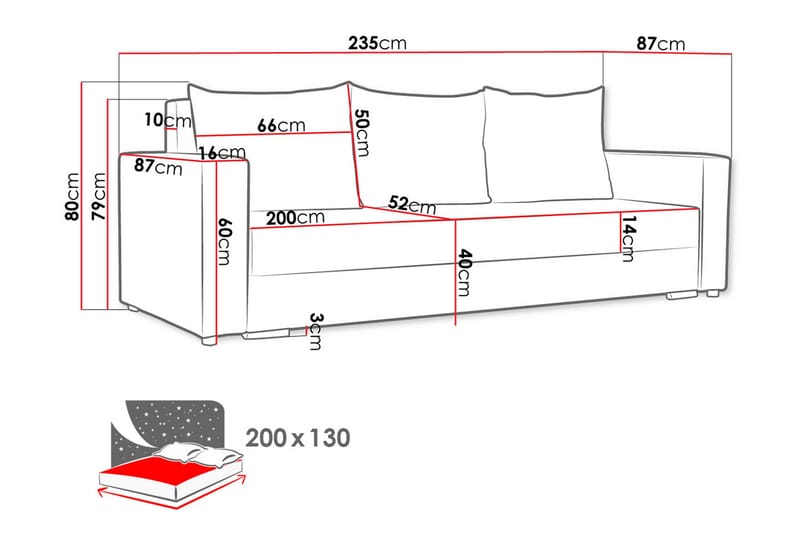 Banaso 3-sits Längsbäddad Bäddsoffa 130x200 cm med Förvaring i Sammet - Röd|Svart - Möbler - Soffa - Sammetssoffa