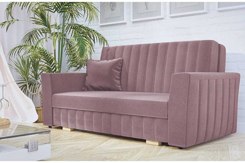 Bensbyn 2-sits Bäddsoffa med Förvaring och Vertikala Sömmar i Sammet - Rosa - Möbler - Soffa - Bäddsoffa - 2 sits bäddsoffa