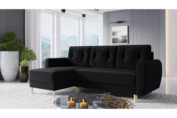Bornalle 3-sits L-formad Bäddsoffa 130x200 cm med Förvaring i Plysch - Svart - Möbler - Soffa - Bäddsoffa - Bäddsoffa divan