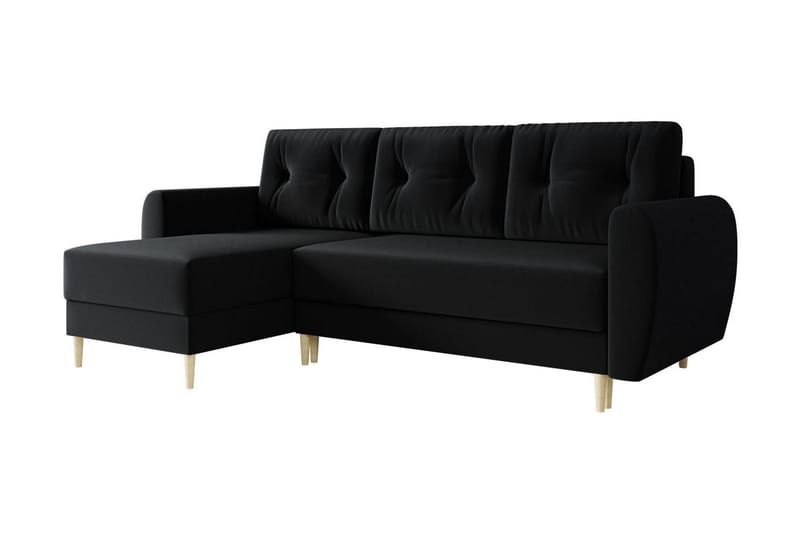 Bornalle 3-sits L-formad Bäddsoffa 130x200 cm med Förvaring i Plysch - Svart - Möbler - Soffa - Bäddsoffa - Bäddsoffa divan