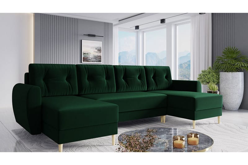 Bornalle 3-sits U-formad Bäddsoffa med Förvaring i Plysch - Grön - Möbler - Soffa - Bäddsoffa - Bäddsoffa divan