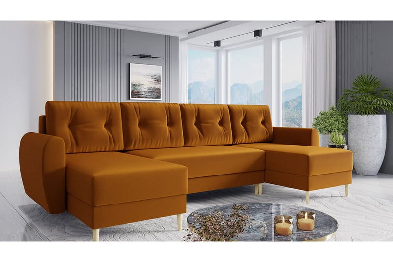 Bornalle 3-sits U-formad Bäddsoffa med Förvaring i Plysch - Gul - Möbler - Soffa - Bäddsoffa - Bäddsoffa divan