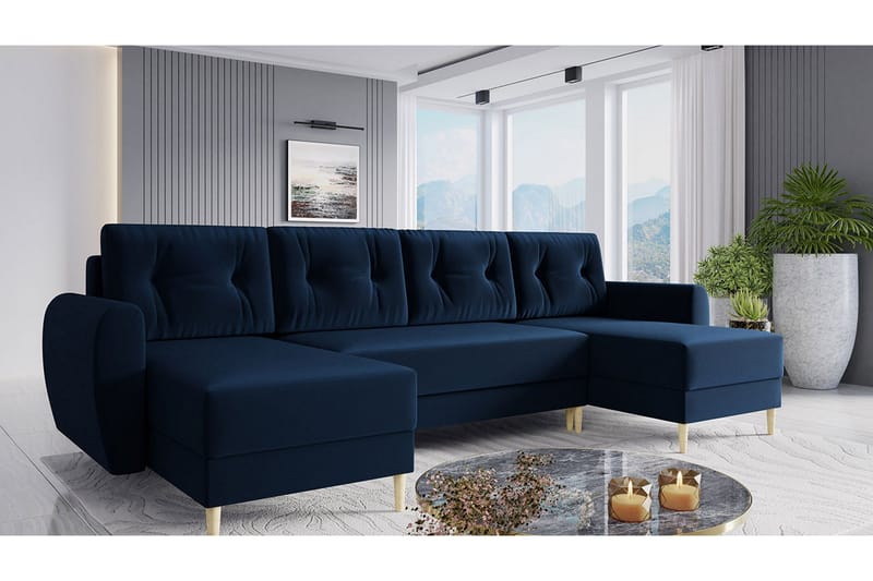 Bornalle 4-sits U-formad Bäddsoffa med Förvaring och Knappdetaljer i Sammet - Blå - Möbler - Soffa - Bäddsoffa - Bäddsoffa divan