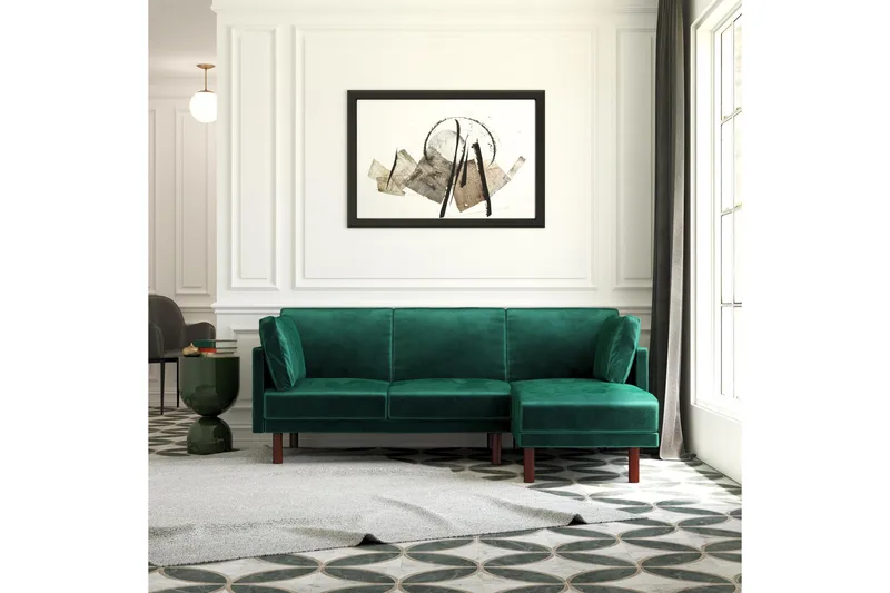 Clair 3-sits Bäddsoffa med Schäslong Ställbar Sammet/Grön/Tr - Dorel Home - Möbler - Soffa - Sammetssoffa