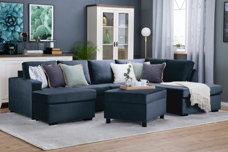 Crazy 4-sits Högervänd U-formad Large Soffa med Divan och Schäslong i Sammet - Blå - Möbler - Soffa - Sammetssoffa
