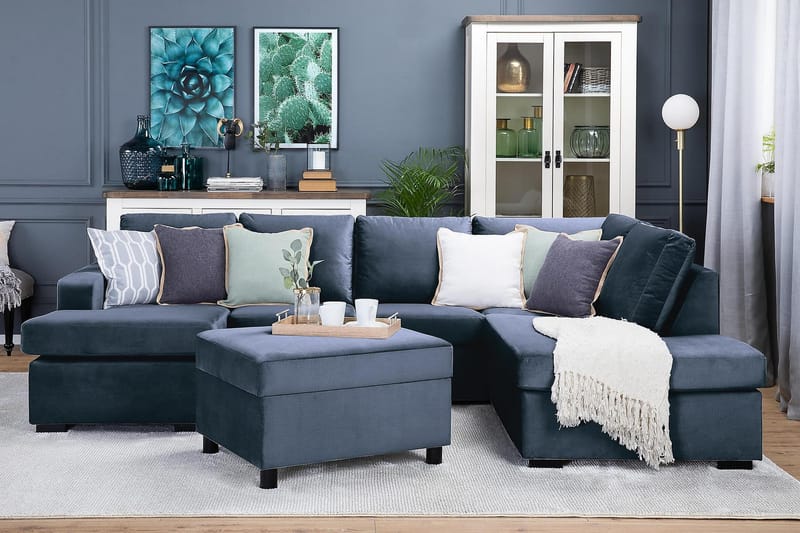 Crazy 4-sits Högervänd U-formad Large Soffa med Divan och Schäslong i Sammet - Blå - Möbler - Soffa - Sammetssoffa
