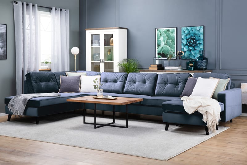 Monroe 4-sits Vänstervänd U-formad Soffa med Divan och Schäslong i Sammet - Blå - Möbler - Soffa - Sammetssoffa