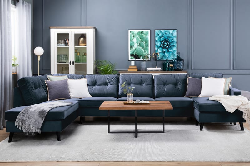 Monroe 4-sits Vänstervänd U-formad Soffa med Divan och Schäslong i Sammet - Blå - Möbler - Soffa - Sammetssoffa