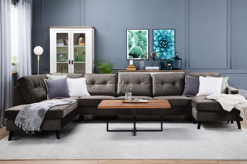 Monroe 4-sits Vänstervänd U-formad Soffa med Divan och Schäslong i Sammet - Brun - Möbler - Soffa - Sammetssoffa