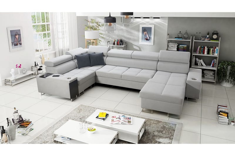 Morenia 4-sits Högervänd Bäddsoffa 127x258 cm med Förvaring i Sammet - Ljusgrå - Möbler - Soffa - Sammetssoffa