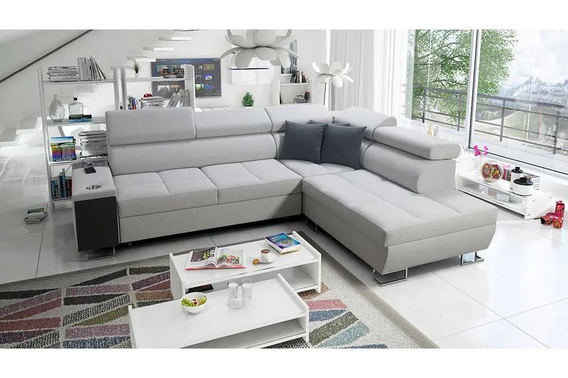 Morenia Högervänd Bäddsoffa 127x210 cm med Förvaring i Sammet - Ljusgrå - Möbler - Soffa - Sammetssoffa