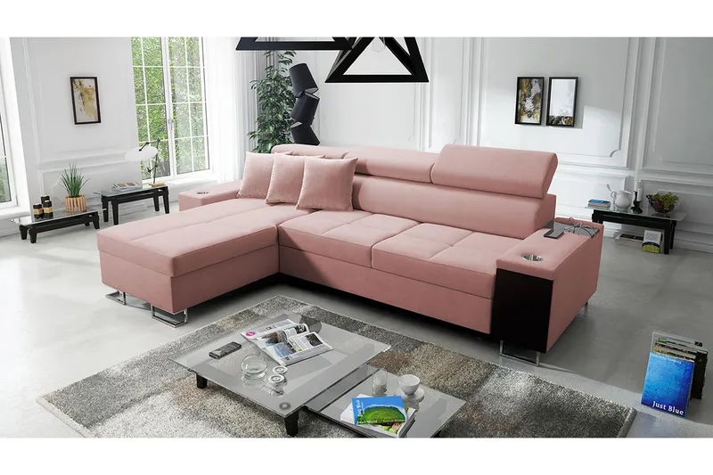 Morenia Längsbäddad L-Hörnbäddsoffa 4-sits med Förvaring i Sammet Vänster - Rosa - Möbler - Soffa - Sammetssoffa
