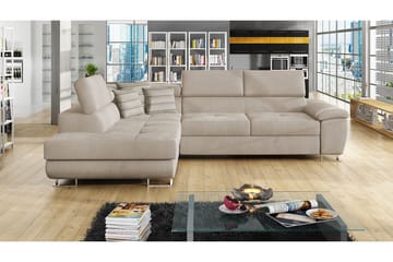 Reginia 4-sits Vänstervänd Bäddsoffa 125x195 cm med Förvaring i Sammet - Beige - Möbler - Soffa - Sammetssoffa