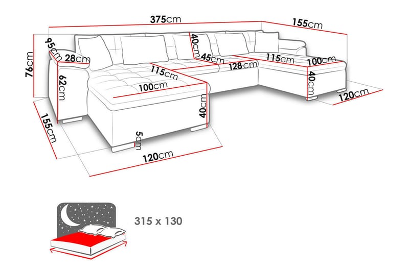 U-Bäddsoffa Wicenza 375x155x76 cm - Blå - Bäddsoffa divan - U bäddsoffa - Sammetssoffa