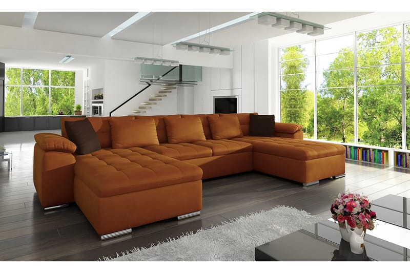 U-Bäddsoffa Wicenza 375x155x76 cm - Orange - Bäddsoffa divan - U bäddsoffa - Sammetssoffa