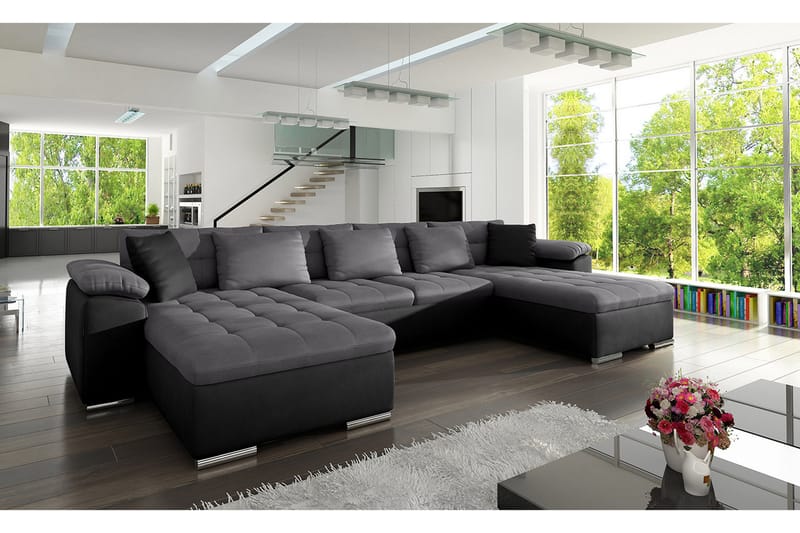 U-Bäddsoffa Wicenza 375x155x76 cm - Svart/Grå - Möbler - Soffa - Sammetssoffa