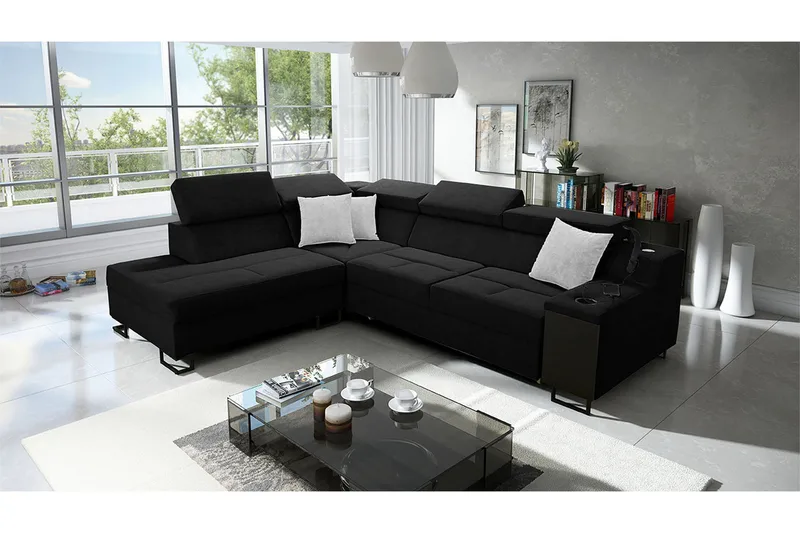 Seginus Bäddsoffa m. Schäslong 3-sits 210x127 - Svart - Möbler - Soffa - Sammetssoffa