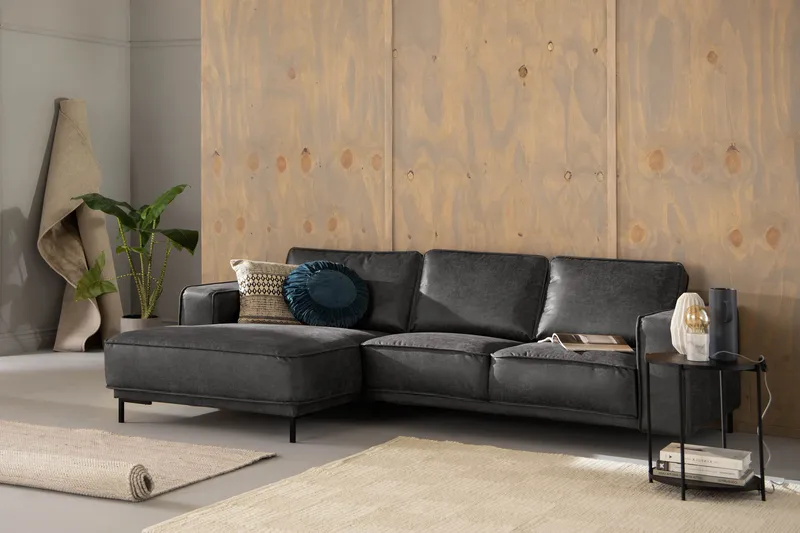 Akron 2-sits Soffa med Divan Vänster Bondedläder - Mörkgrå - Möbler - Soffa - Skinnsoffa