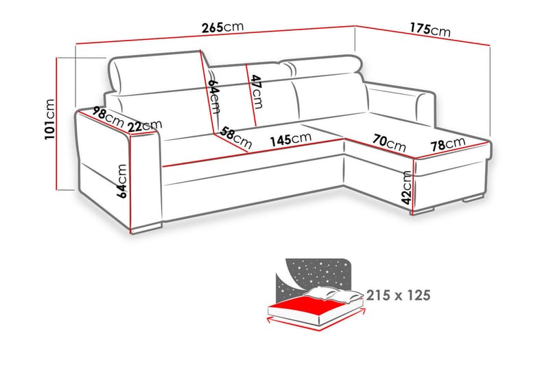 Divanbäddsoffa Azalea 265x175x101 cm - Grå - Skinnsoffa - Bäddsoffa divan