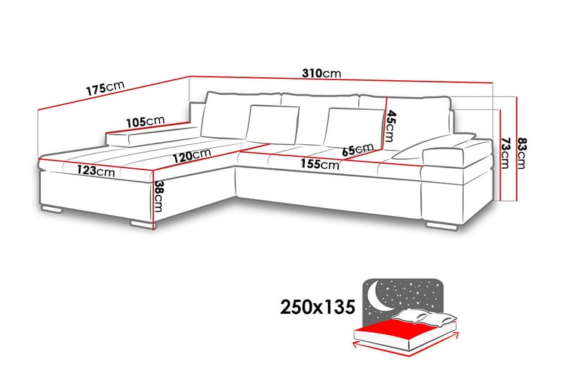 Divanbäddsoffa Consuelo 310x175x83 cm - Grå - Möbler - Soffa - Skinnsoffa