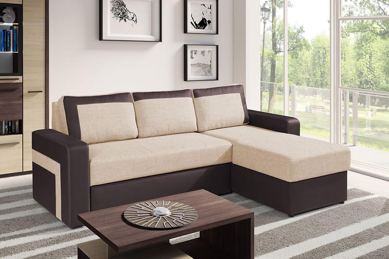 Divanbäddsoffa Kolder 234x156x82 cm - Beige/Brun - Möbler - Soffa - Skinnsoffa