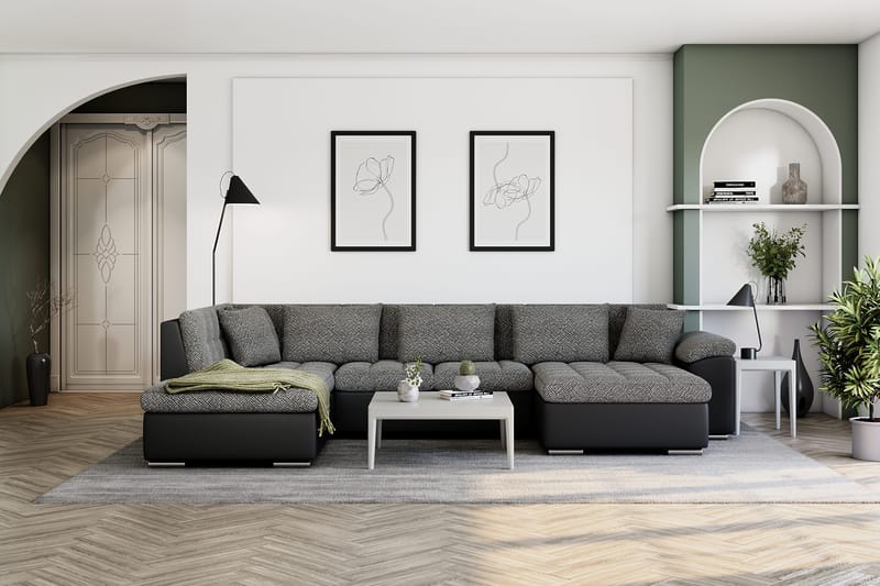 Dynir Stor Hörnbäddsoffa Divan med Förvaring Höger 350 cm - Svart / Grå - Möbler - Soffa - Skinnsoffa