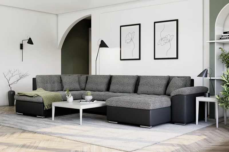 Dynir Stor Hörnbäddsoffa Divan med Förvaring Höger 350 cm - Svart / Grå - Möbler - Soffa - Skinnsoffa
