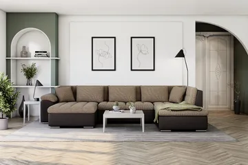 Dynir Stor Hörnbäddsoffa Divan med Förvaring Vänster 350 cm Bred - Beige / Brun - Möbler - Soffa - Skinnsoffa