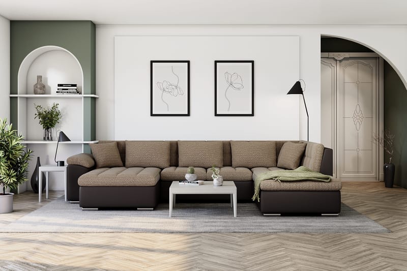 Dynir Stor Hörnbäddsoffa Divan med Förvaring Vänster 350 cm Bred - Beige / Brun - Möbler - Soffa - Skinnsoffa