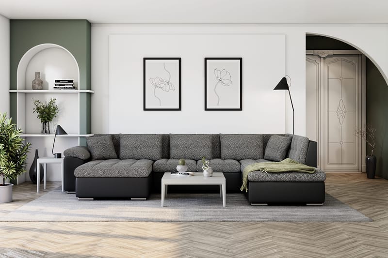 Dynir Stor Hörnbäddsoffa Divan med Förvaring Vänster - Grå / Svart - Möbler - Soffa - Skinnsoffa