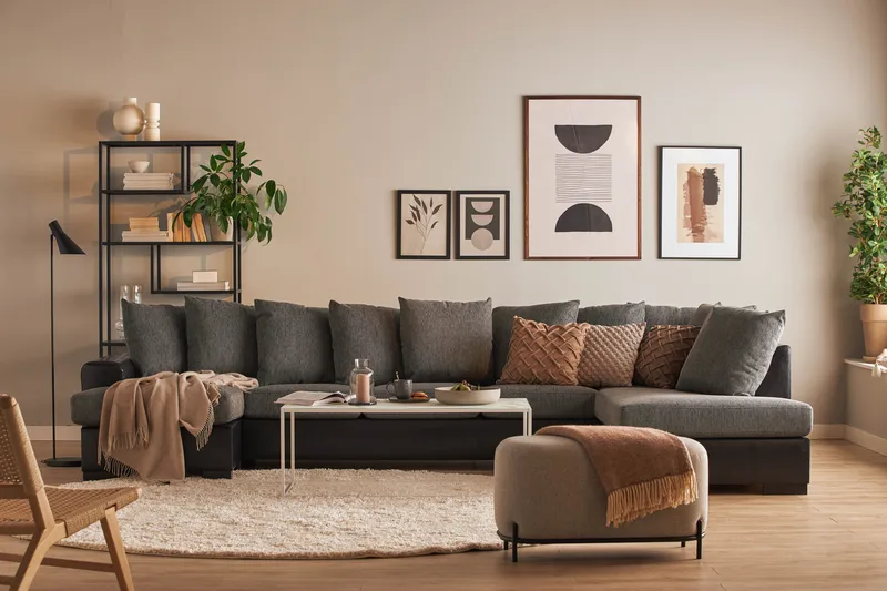 Ocean 5-sits Högervänd U-formad Large Soffa med Divan och Schäslong i Konstläder/Tyg - Grå / Svart - Möbler - Soffa - U-soffa