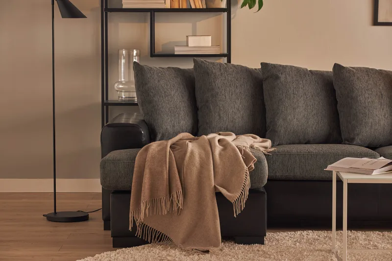 Ocean 5-sits Högervänd U-formad Large Soffa med Divan och Schäslong i Konstläder/Tyg - Grå / Svart - Möbler - Soffa - Skinnsoffa