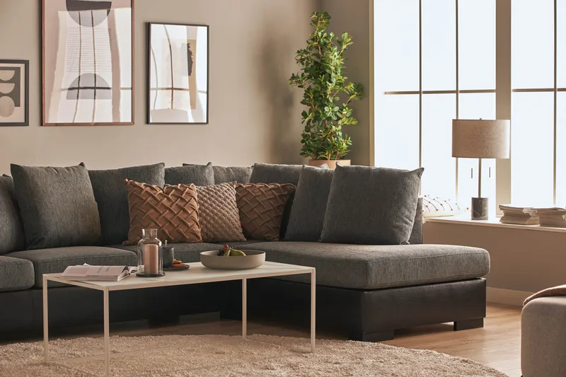 Ocean 5-sits Högervänd U-formad Large Soffa med Divan och Schäslong i Konstläder/Tyg - Grå / Svart - Möbler - Soffa - U-soffa