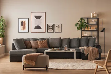 Ocean 5-sits Vänstervänd U-formad Large Soffa med Divan och Schäslong i Konstläder/Tyg - Grå / Svart - Möbler - Soffa - Skinnsoffa