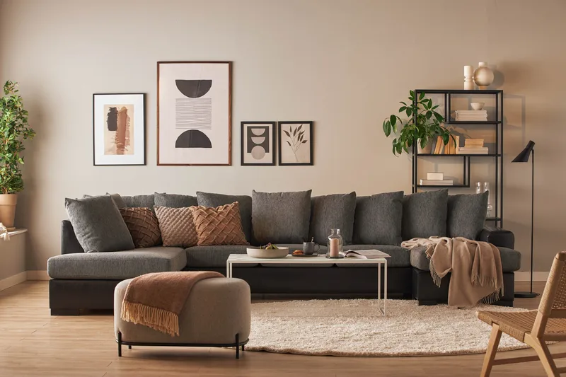 Ocean 5-sits Vänstervänd U-formad Large Soffa med Divan och Schäslong i Konstläder/Tyg - Grå / Svart - Möbler - Soffa - Skinnsoffa