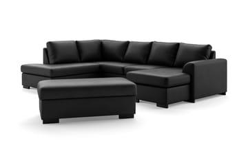 Porto 4-sits Vänstervänd U-formad Soffa med Divan och Schäslong + Fotpall i Konstläder - Svart - Möbler - Soffa - Skinnsoffa