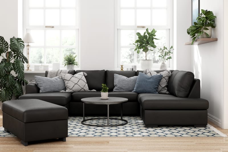 U-soffa Ohio med Divan Vänster Konstläder med Fotpall - Svart - Möbler - Soffa - Skinnsoffa