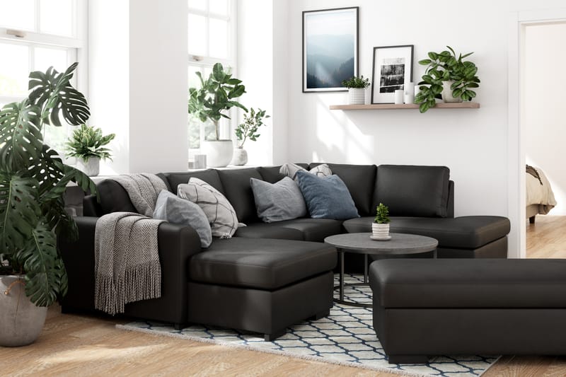 U-soffa Ohio med Divan Vänster Konstläder med Fotpall - Svart - Möbler - Soffa - Skinnsoffa