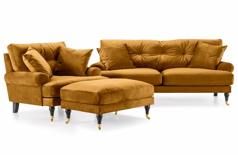 Andrew Soffgrupp 2-sits Soffa + Fåtölj + Fotpall i Sammet - Mörkgul - Möbler - Soffa - Soffgrupp - Howard soffgrupp