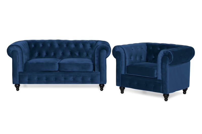Chesterfield Lyx Soffgrupp 2-sits+Fåtölj Sammet - Blå - Möbler - Soffa - Soffgrupp - Chesterfield soffgrupp