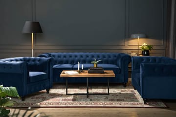 Chesterfield Lyx Soffgrupp 2-sits+Fåtölj Sammet - Blå - Möbler - Soffa - Soffgrupp - Chesterfield soffgrupp