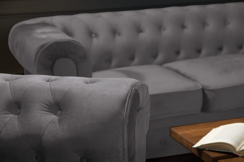 Chesterfield Lyx Soffgrupp 2-sits+Fåtölj Sammet - Grå - Möbler - Soffa - Soffgrupp - Chesterfield soffgrupp