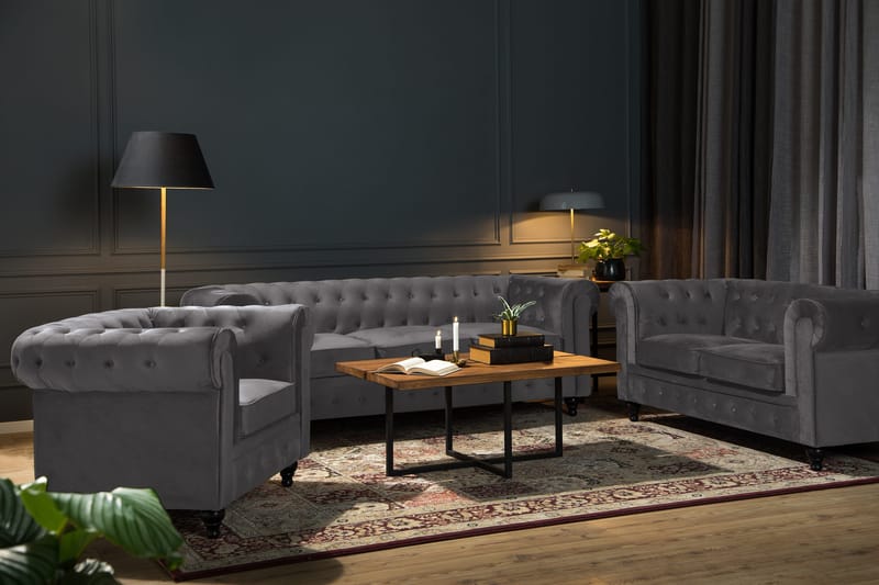 Chesterfield Lyx Soffgrupp 2-sits+Fåtölj Sammet - Grå - Möbler - Soffa - Soffgrupp - Chesterfield soffgrupp