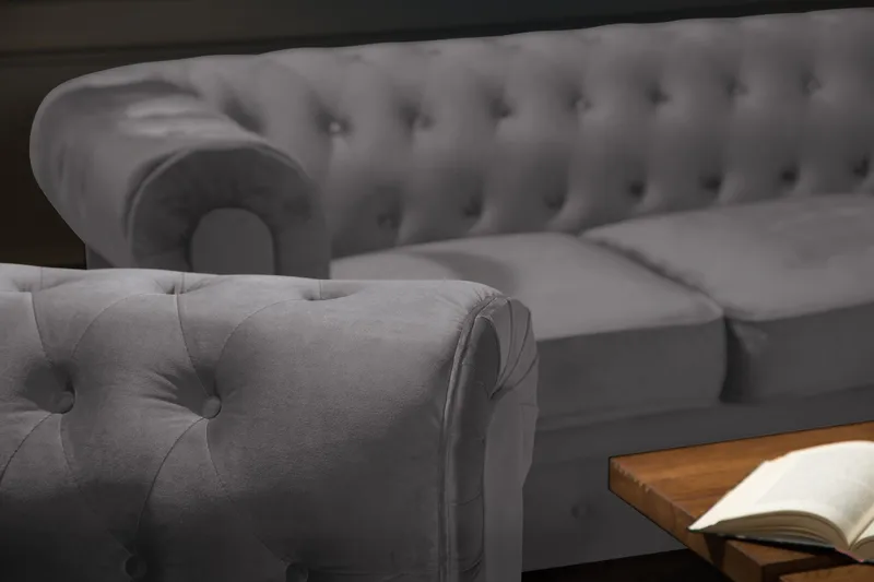 Chesterfield Lyx Soffgrupp 2-sits+Fåtölj Sammet - Mörkgrå - Möbler - Soffa - Soffgrupp - Chesterfield soffgrupp