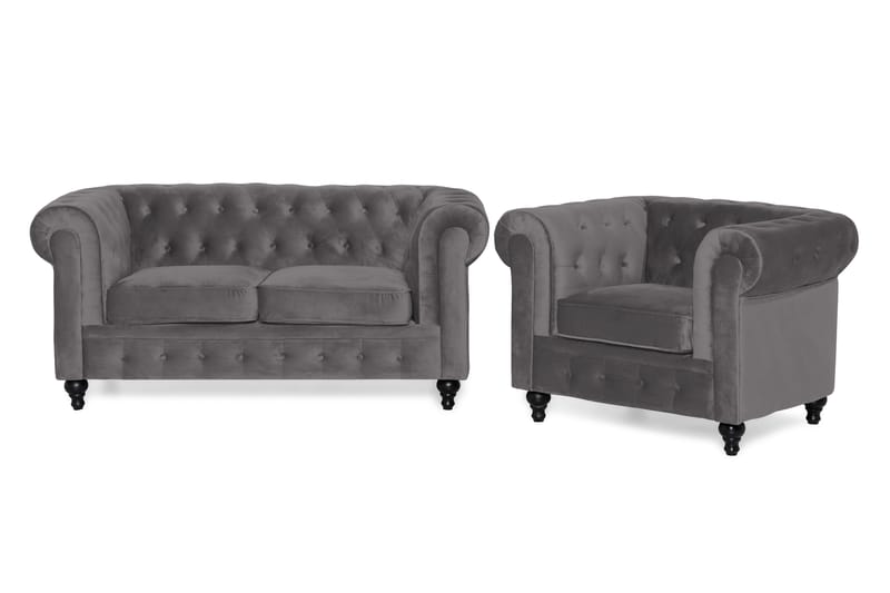 Chesterfield Lyx Soffgrupp 2-sits+Fåtölj Sammet - Mörkgrå - Möbler - Soffa - Soffgrupp - Chesterfield soffgrupp