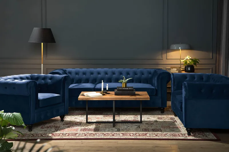 Chesterfield Lyx Soffgrupp 3+2+1 i Sammet - Blå - Möbler - Soffa - Soffgrupp - Soffgrupp 3 2 1