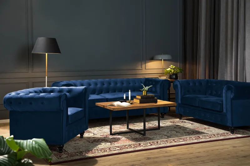 Chesterfield Lyx Soffgrupp 3+2+1 i Sammet - Blå - Möbler - Soffa - Soffgrupp - Soffgrupp 3 2 1