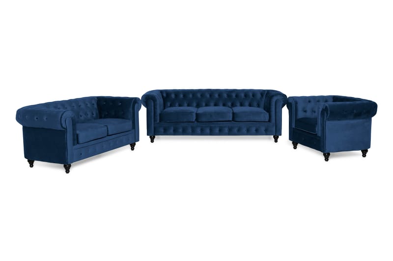 Chesterfield Lyx Soffgrupp 3+2+1 i Sammet - Blå - Möbler - Soffa - Soffgrupp - Soffgrupp 3 2 1