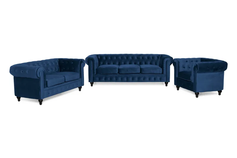 Chesterfield Lyx Soffgrupp 3+2+1 i Sammet, Blå