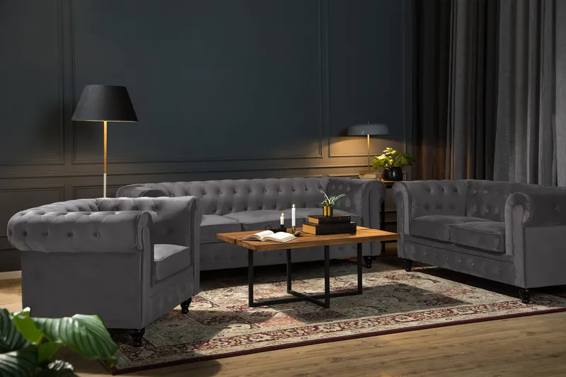 Chesterfield Lyx Soffgrupp 3+2+1 i Sammet - Mörkgrå / Grå - Möbler - Soffa - Soffgrupp - Soffgrupp 3 2 1